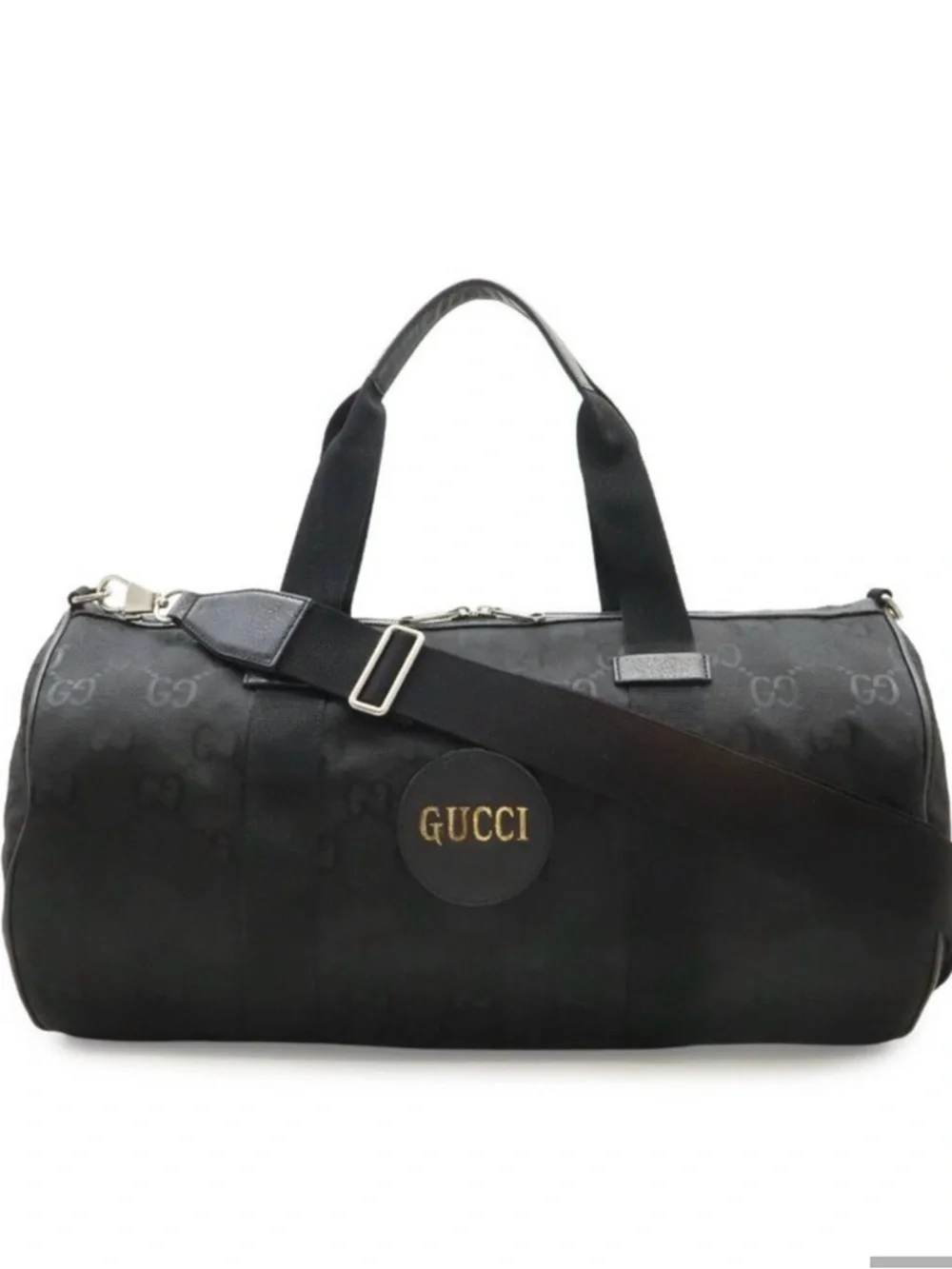 Gucci GG Canvas Duffel Bag – Black Monogram Gold Logo Travel Bag with Strap